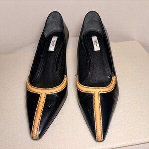 Vintage Y2K Prada Pointed Toe Kitten Heels, Black with Tan Detail, Sz 38.5/8.5